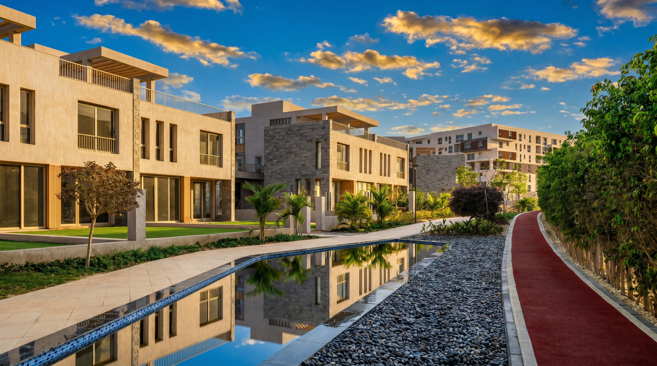 AT-EAST Mostakbal City apartments — building facade with green landscapes
