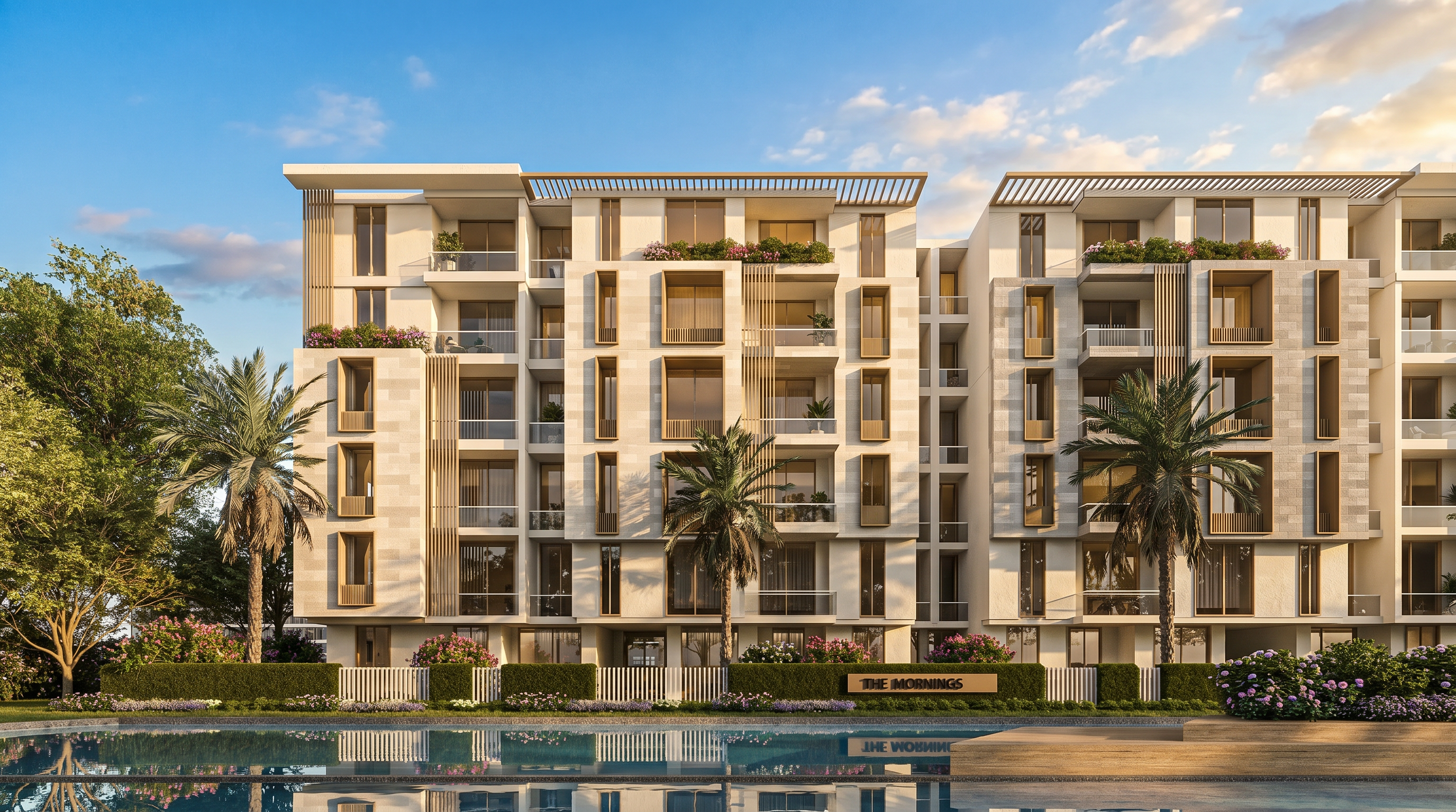 The Mornings New Cairo apartments — luxury building with swimming pool